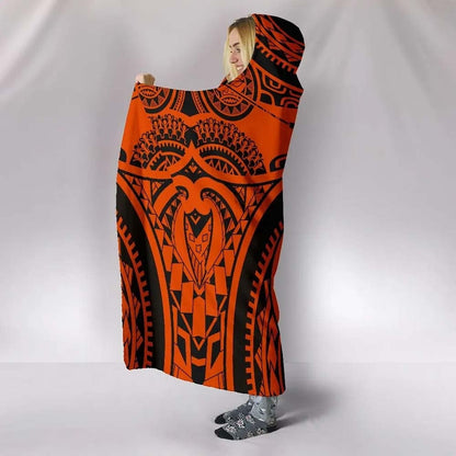 Polynesian Hooded Blankets - Guam Flag Seal with Maui Moana Tattoo Orange