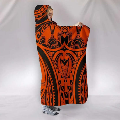Polynesian Hooded Blankets - Guam Flag Seal with Maui Moana Tattoo Orange