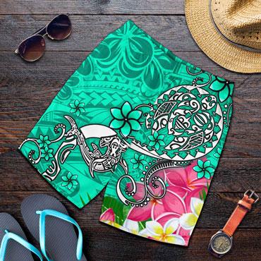 Polynesian Men Shorts - Turtle Plumeria Turquoise Color
