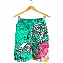 Polynesian Men Shorts - Turtle Plumeria Turquoise Color