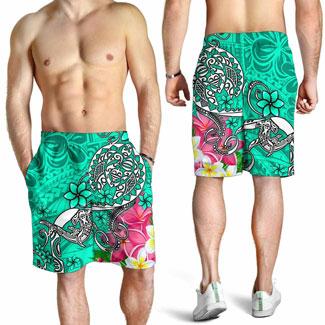 Polynesian Men Shorts - Turtle Plumeria Turquoise Color