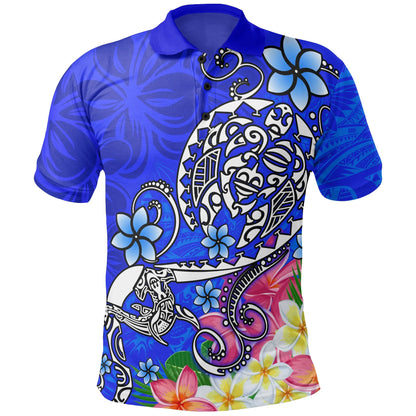 Polynesian Polo Shirt - Turtle Plumeria Blue Color