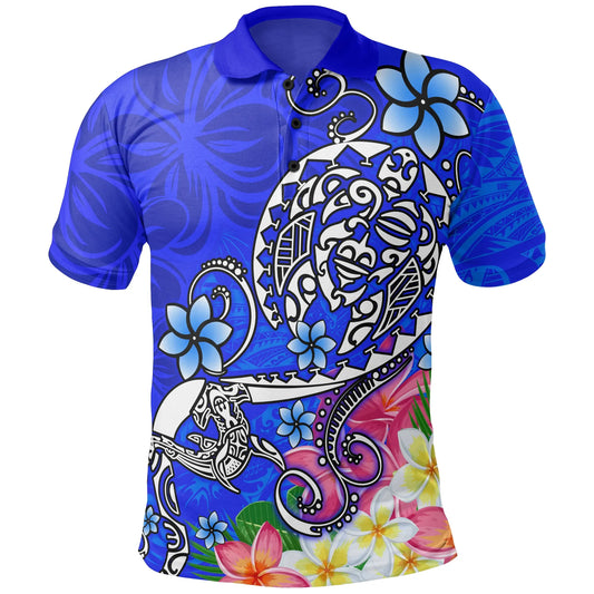 Polynesian Polo Shirt - Turtle Plumeria Blue Color