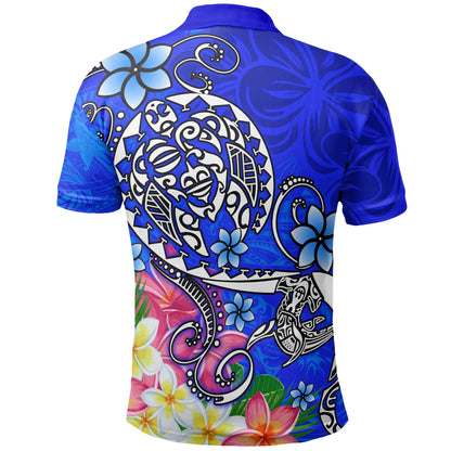 Polynesian Polo Shirt - Turtle Plumeria Blue Color