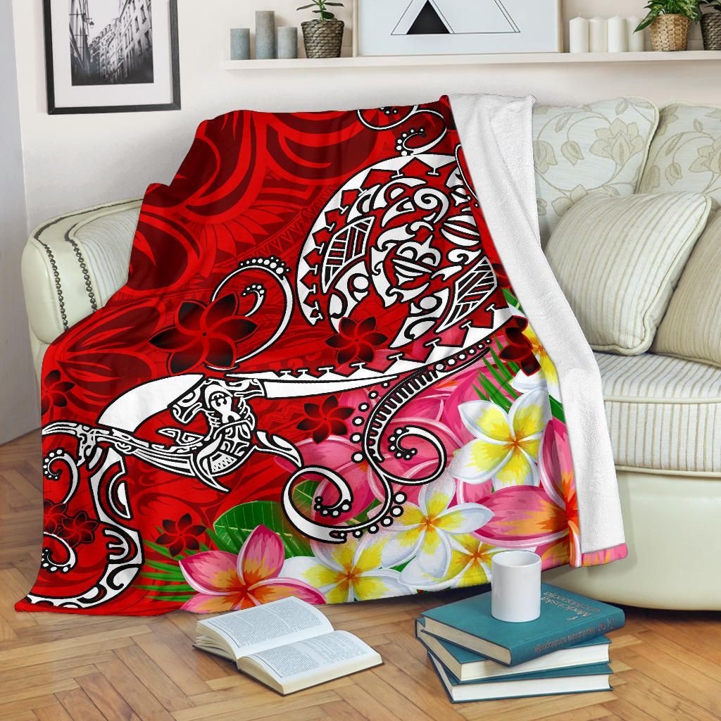 Polynesian Premium Blanket - Turtle Plumeria Red Color