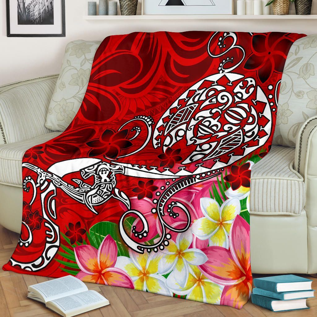 Polynesian Premium Blanket - Turtle Plumeria Red Color