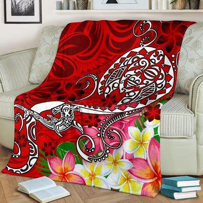 Polynesian Premium Blanket - Turtle Plumeria Red Color
