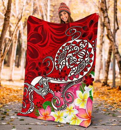 Polynesian Premium Blanket - Turtle Plumeria Red Color