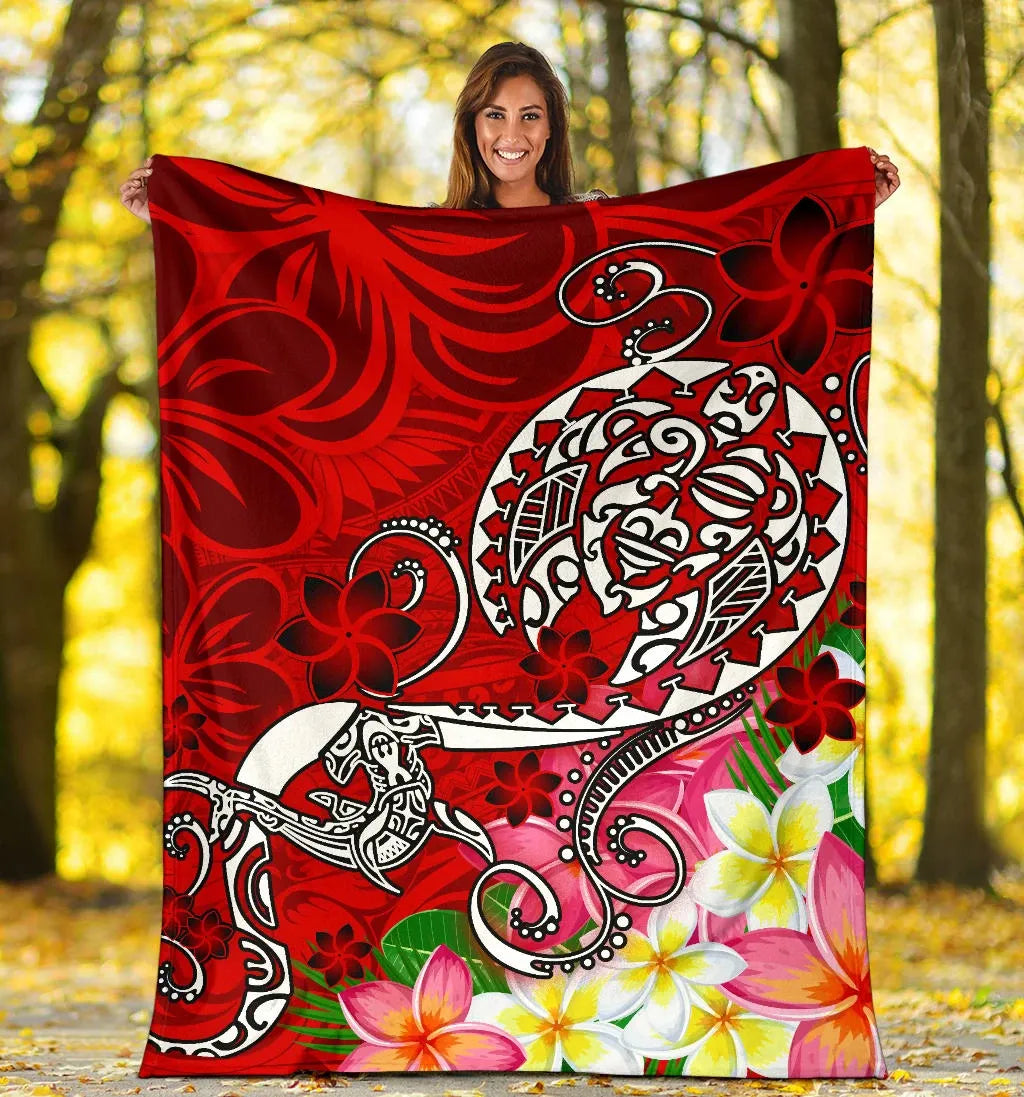 Polynesian Premium Blanket - Turtle Plumeria Red Color