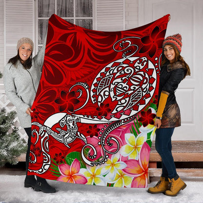 Polynesian Premium Blanket - Turtle Plumeria Red Color