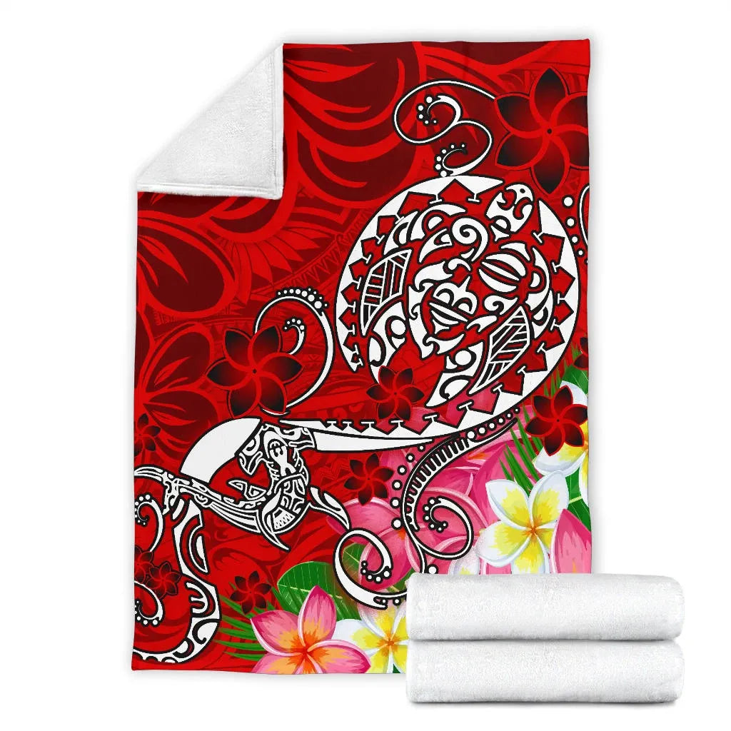 Polynesian Premium Blanket - Turtle Plumeria Red Color