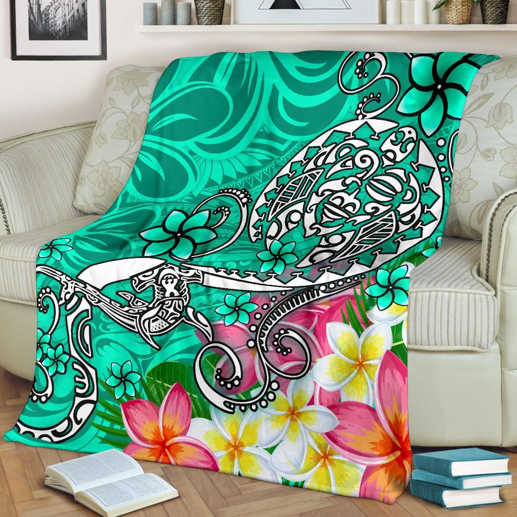 Polynesian Premium Blanket - Turtle Plumeria Turquoise Color