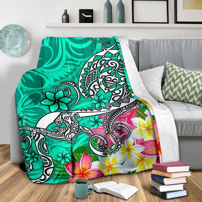 Polynesian Premium Blanket - Turtle Plumeria Turquoise Color
