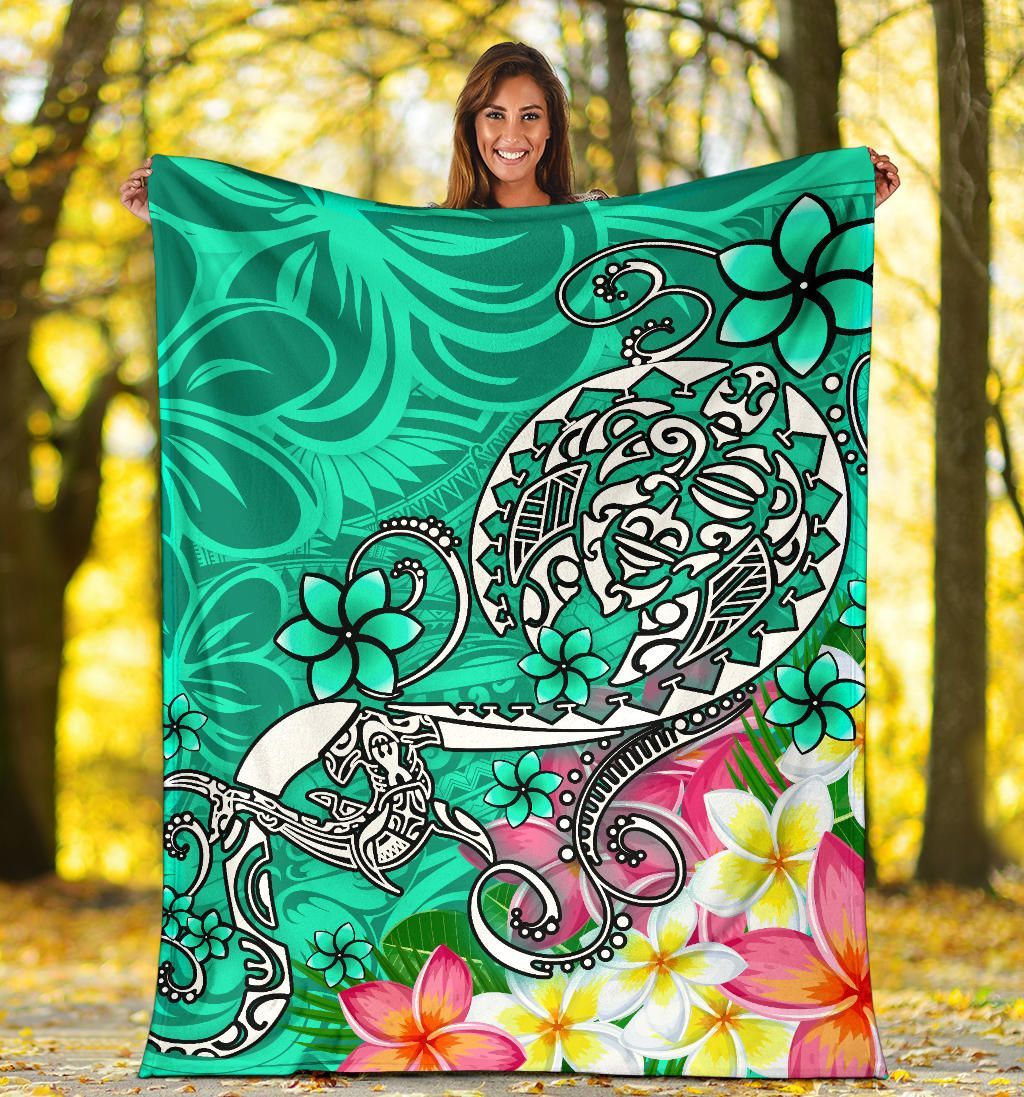 Polynesian Premium Blanket - Turtle Plumeria Turquoise Color