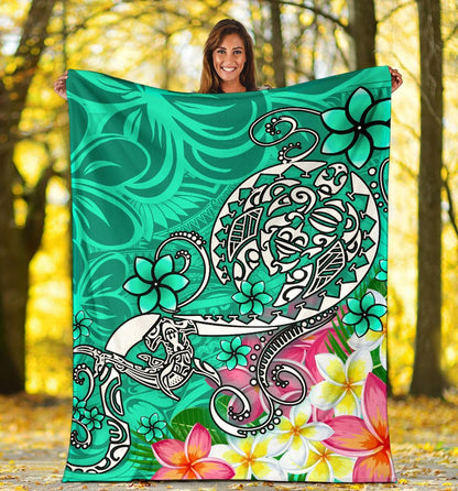 Polynesian Premium Blanket - Turtle Plumeria Turquoise Color