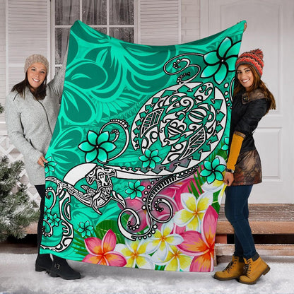 Polynesian Premium Blanket - Turtle Plumeria Turquoise Color