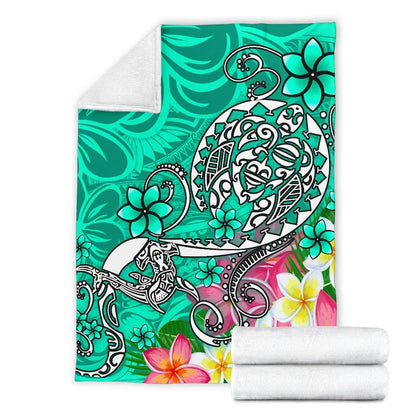 Polynesian Premium Blanket - Turtle Plumeria Turquoise Color