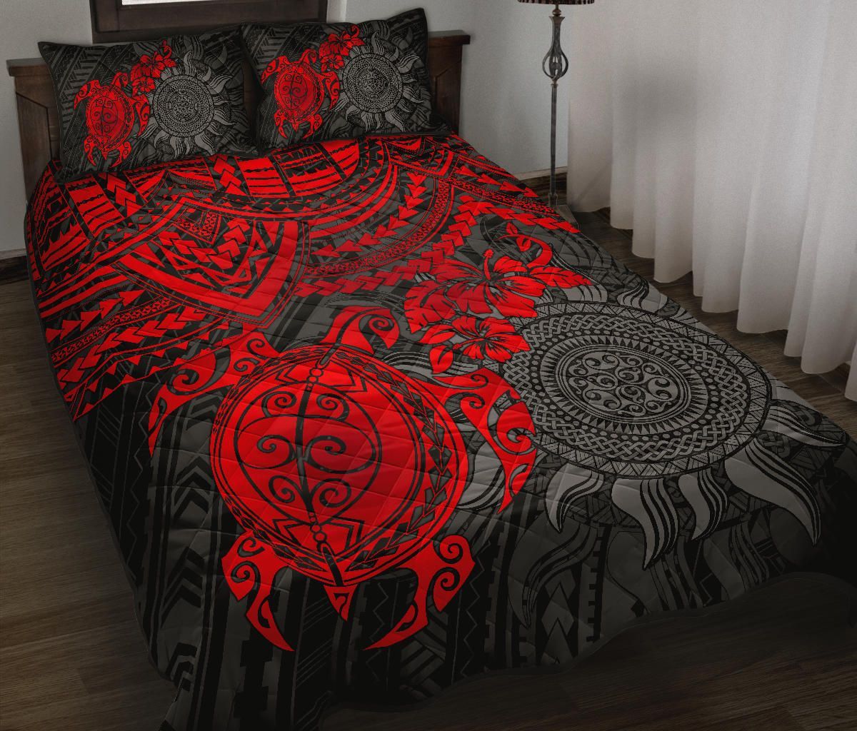 Polynesian Quilt Bed Set - Polynesian Red Turtle Hibiscus