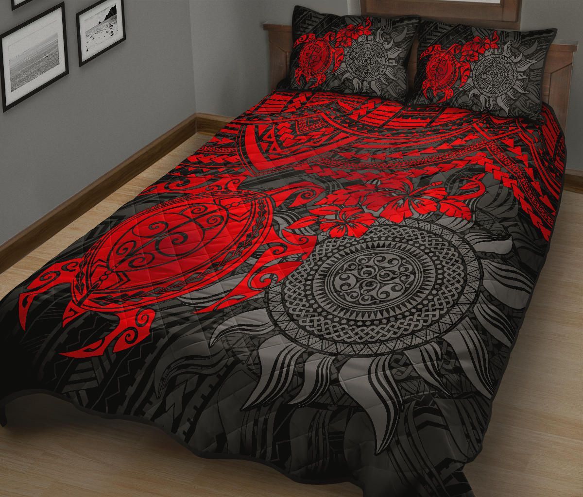 Polynesian Quilt Bed Set - Polynesian Red Turtle Hibiscus