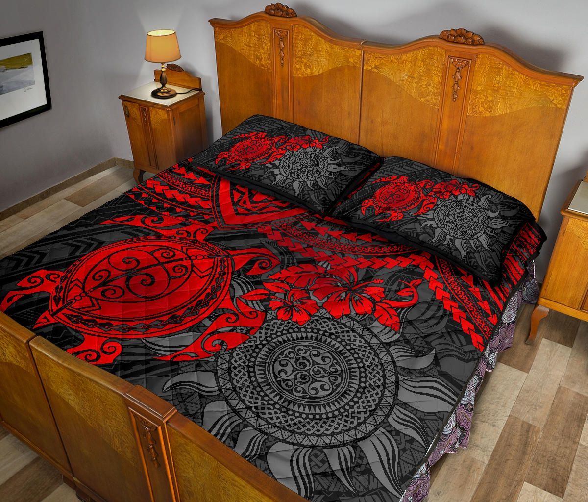 Polynesian Quilt Bed Set - Polynesian Red Turtle Hibiscus