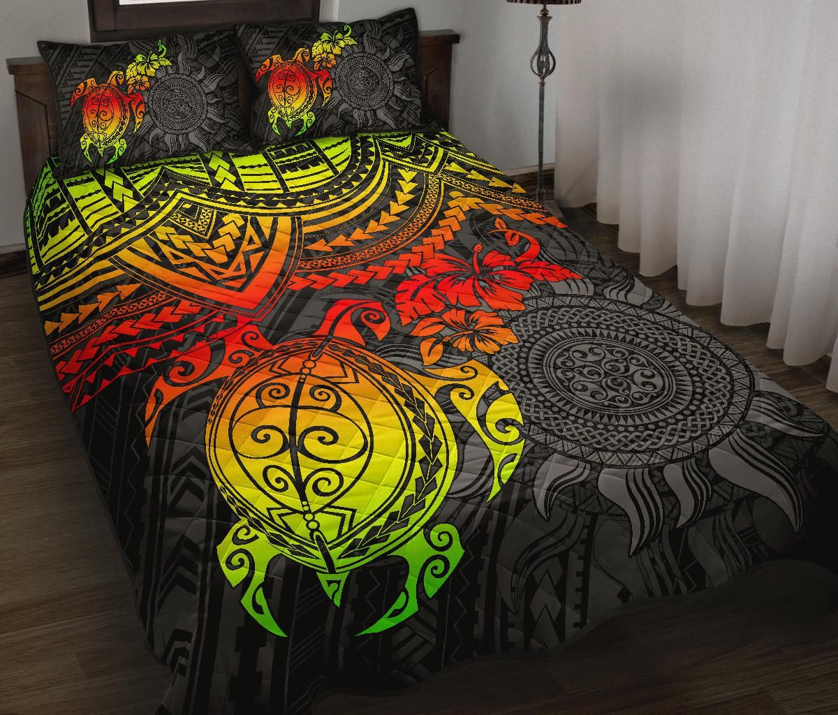 Polynesian Quilt Bed Set - Polynesian Reggae Turtle Hibiscus