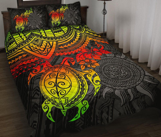 Polynesian Quilt Bed Set - Polynesian Reggae Turtle Hibiscus
