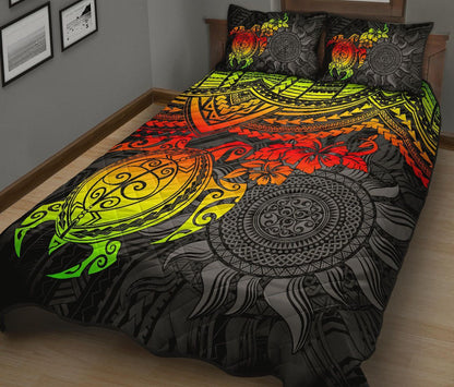 Polynesian Quilt Bed Set - Polynesian Reggae Turtle Hibiscus