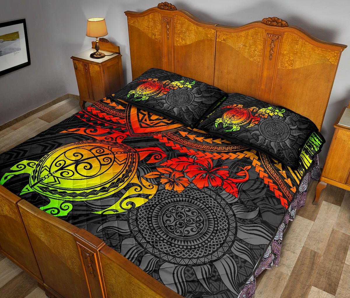 Polynesian Quilt Bed Set - Polynesian Reggae Turtle Hibiscus