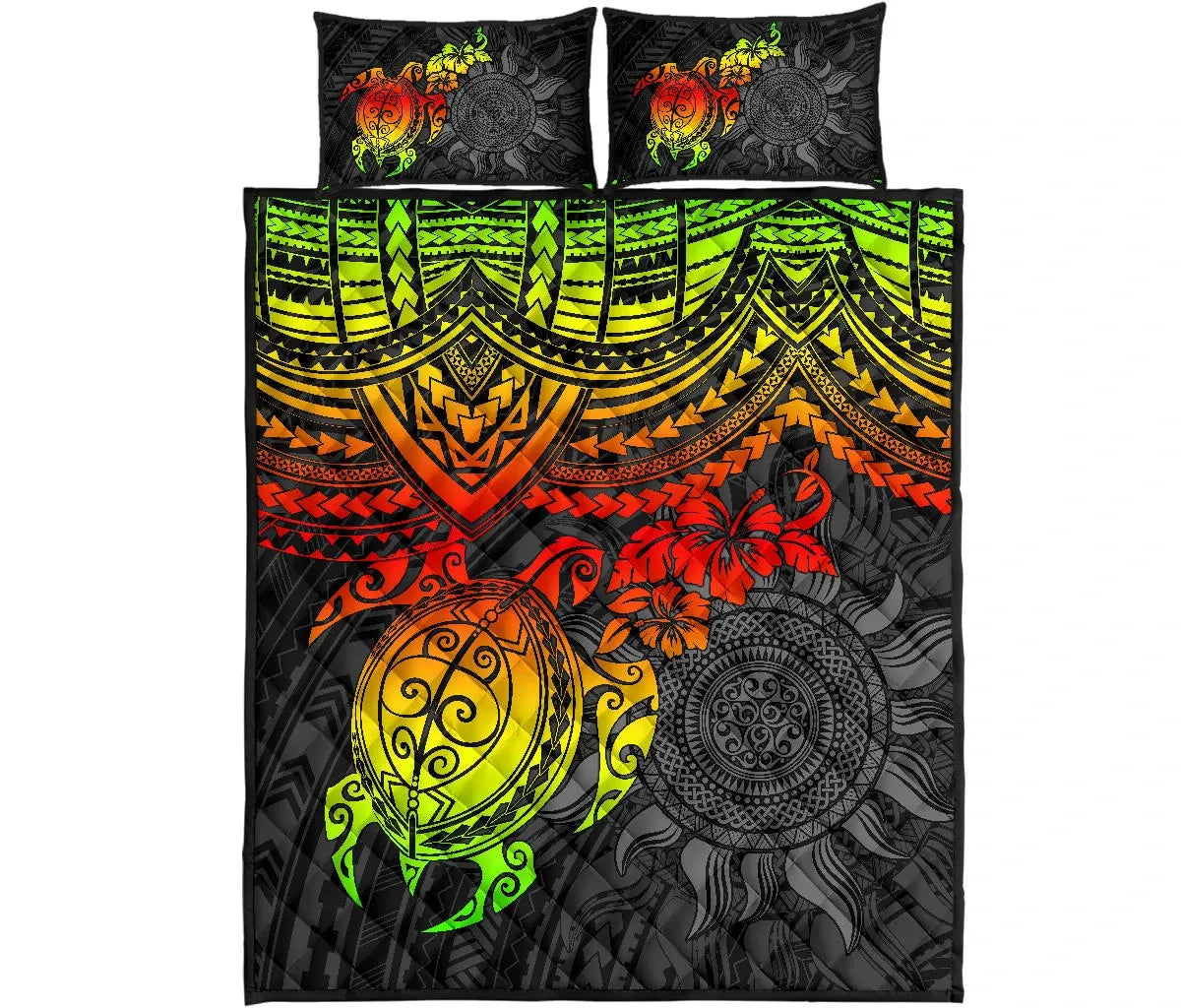 Polynesian Quilt Bed Set - Polynesian Reggae Turtle Hibiscus