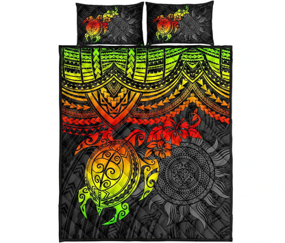 Polynesian Quilt Bed Set - Polynesian Reggae Turtle Hibiscus
