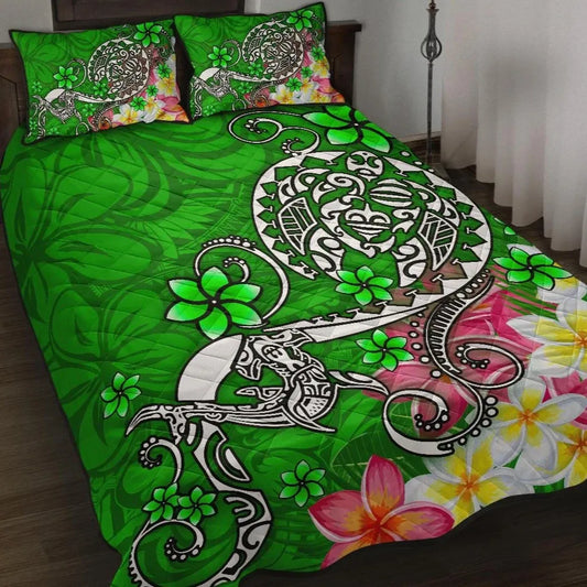 Polynesian Quilt Bed Set - Turtle Plumeria Green Color