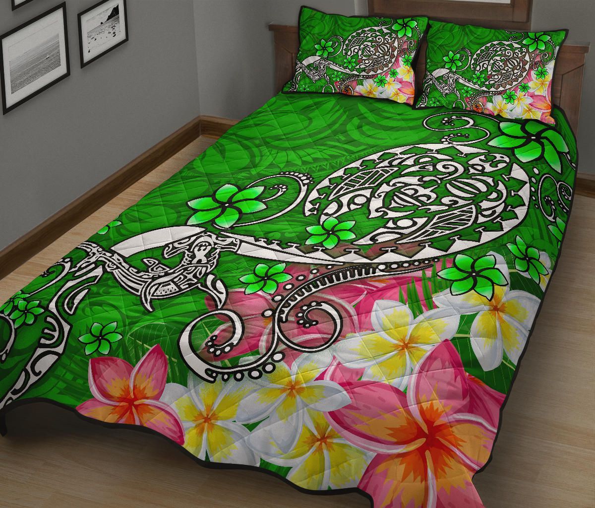 Polynesian Quilt Bed Set - Turtle Plumeria Green Color