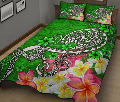 Polynesian Quilt Bed Set - Turtle Plumeria Green Color