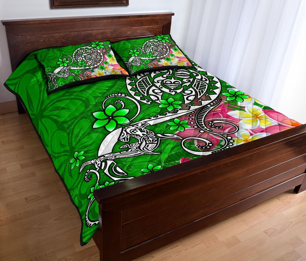 Polynesian Quilt Bed Set - Turtle Plumeria Green Color