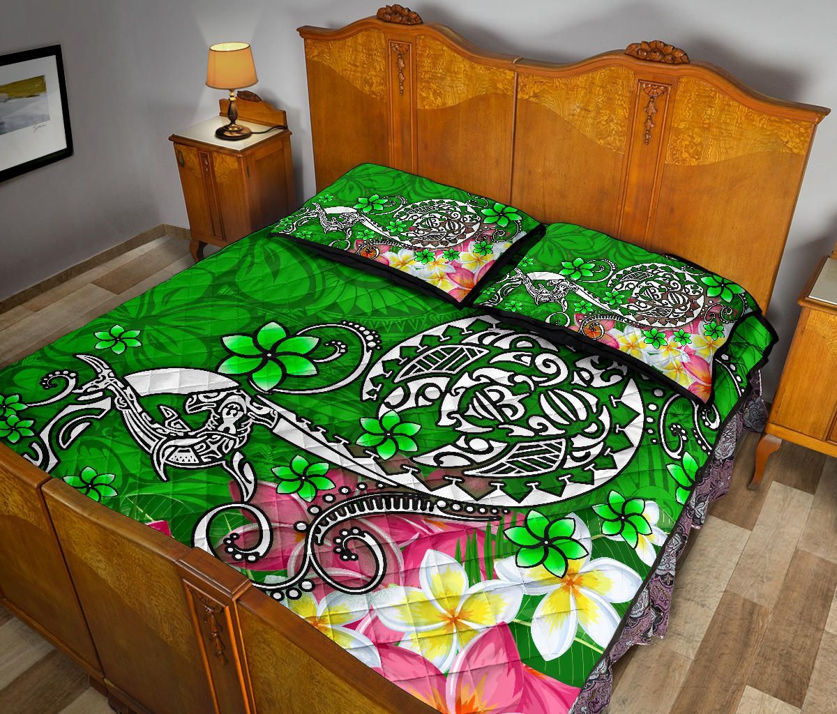 Polynesian Quilt Bed Set - Turtle Plumeria Green Color