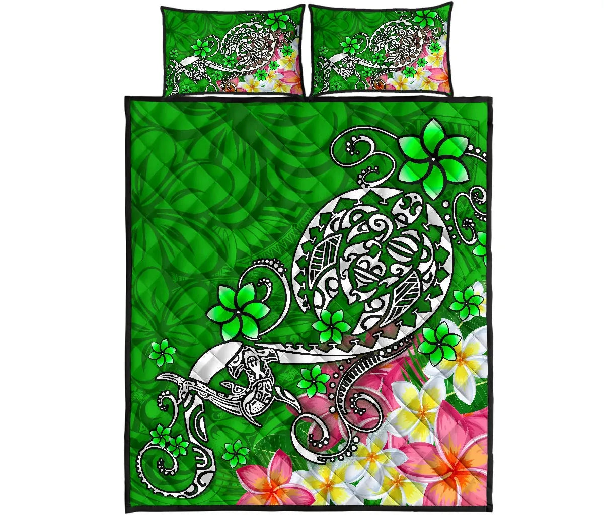 Polynesian Quilt Bed Set - Turtle Plumeria Green Color
