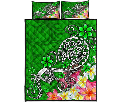 Polynesian Quilt Bed Set - Turtle Plumeria Green Color