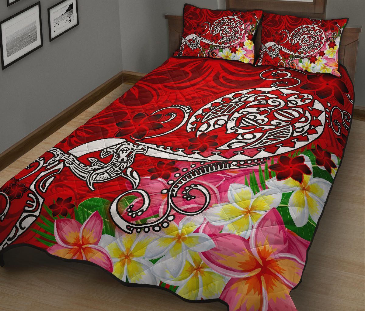 Polynesian Quilt Bed Set - Turtle Plumeria Red Color