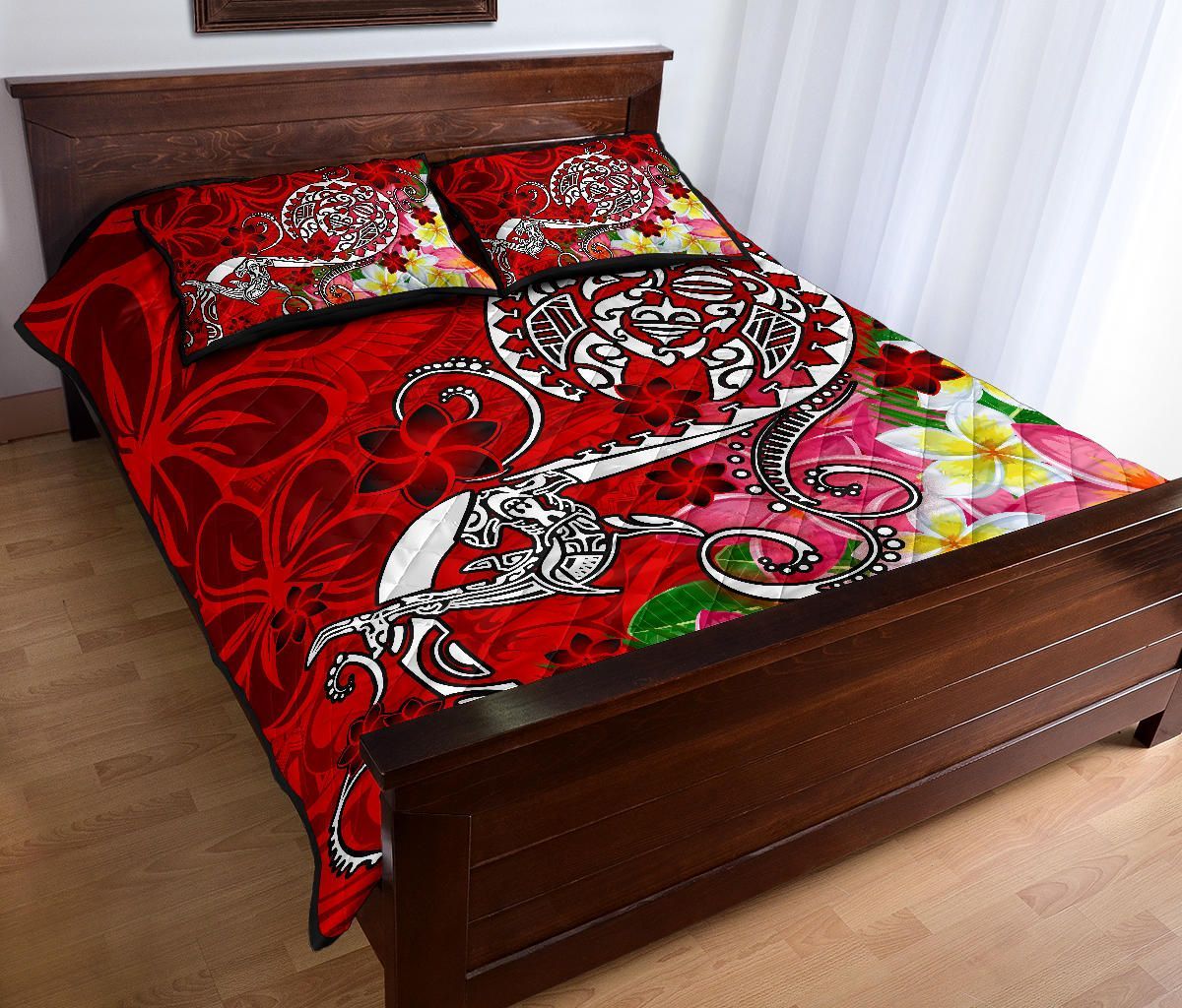 Polynesian Quilt Bed Set - Turtle Plumeria Red Color
