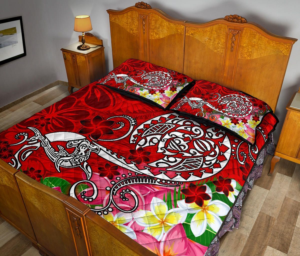 Polynesian Quilt Bed Set - Turtle Plumeria Red Color
