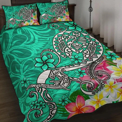 Polynesian Quilt Bed Set - Turtle Plumeria Turquoise Color