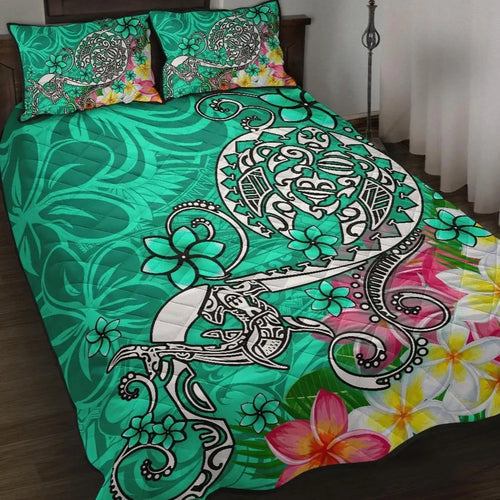 Polynesian Quilt Bed Set - Turtle Plumeria Turquoise Color