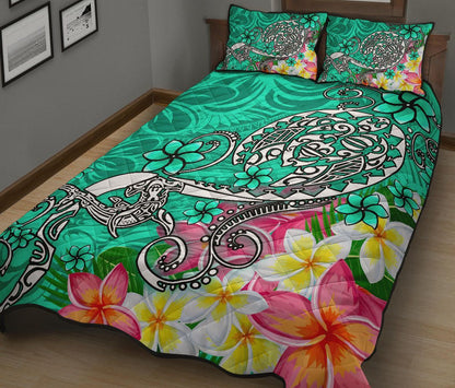 Polynesian Quilt Bed Set - Turtle Plumeria Turquoise Color