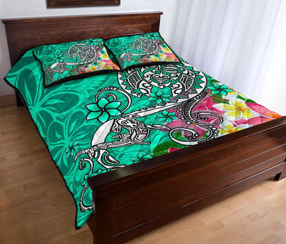 Polynesian Quilt Bed Set - Turtle Plumeria Turquoise Color