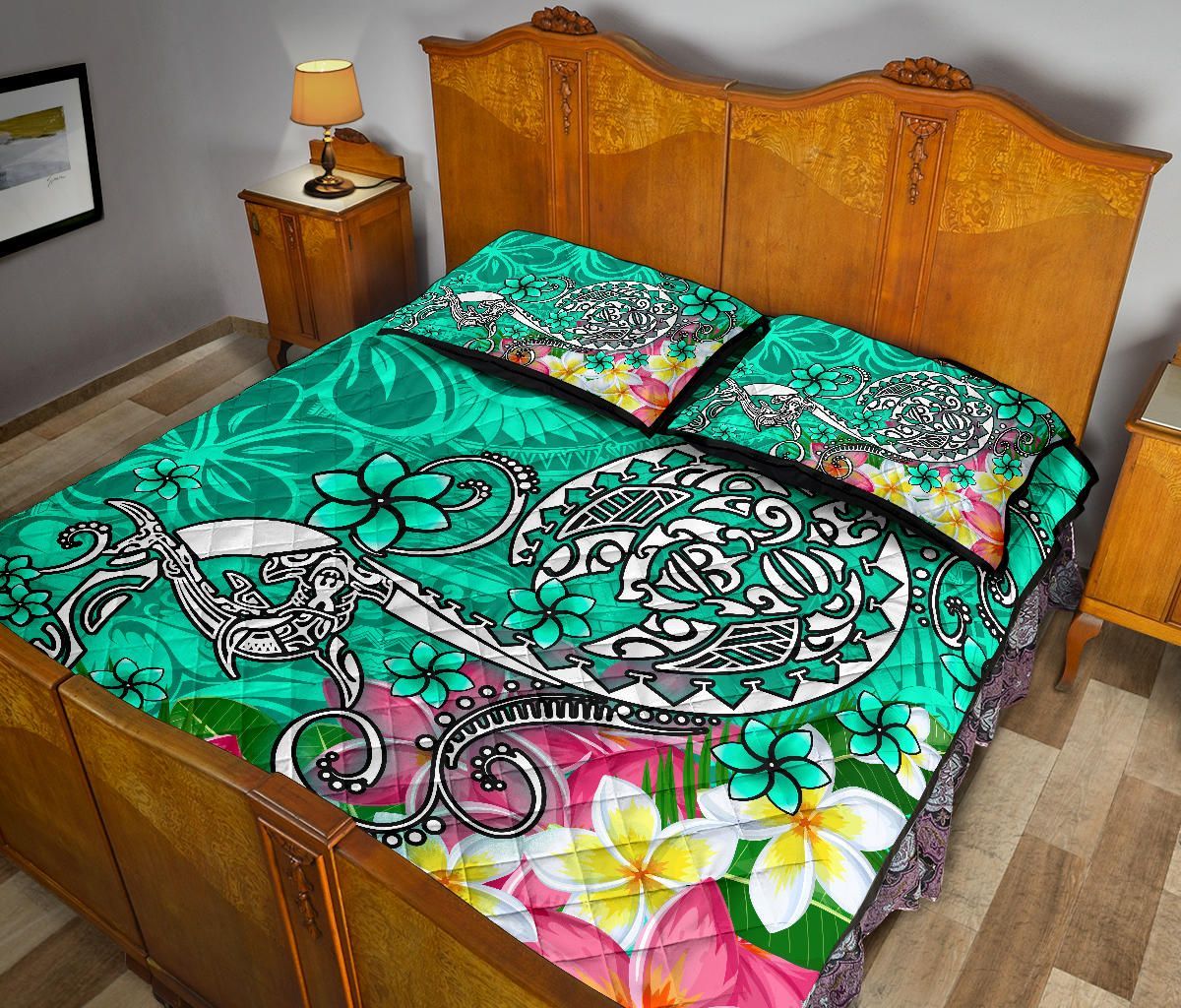 Polynesian Quilt Bed Set - Turtle Plumeria Turquoise Color