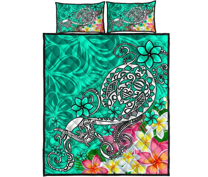 Polynesian Quilt Bed Set - Turtle Plumeria Turquoise Color