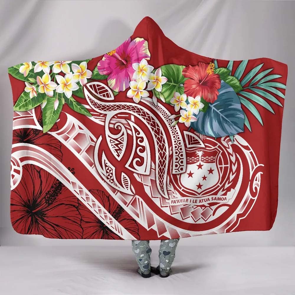 Polynesian Samoa Hooded Blanket - Summer Plumeria (Red)