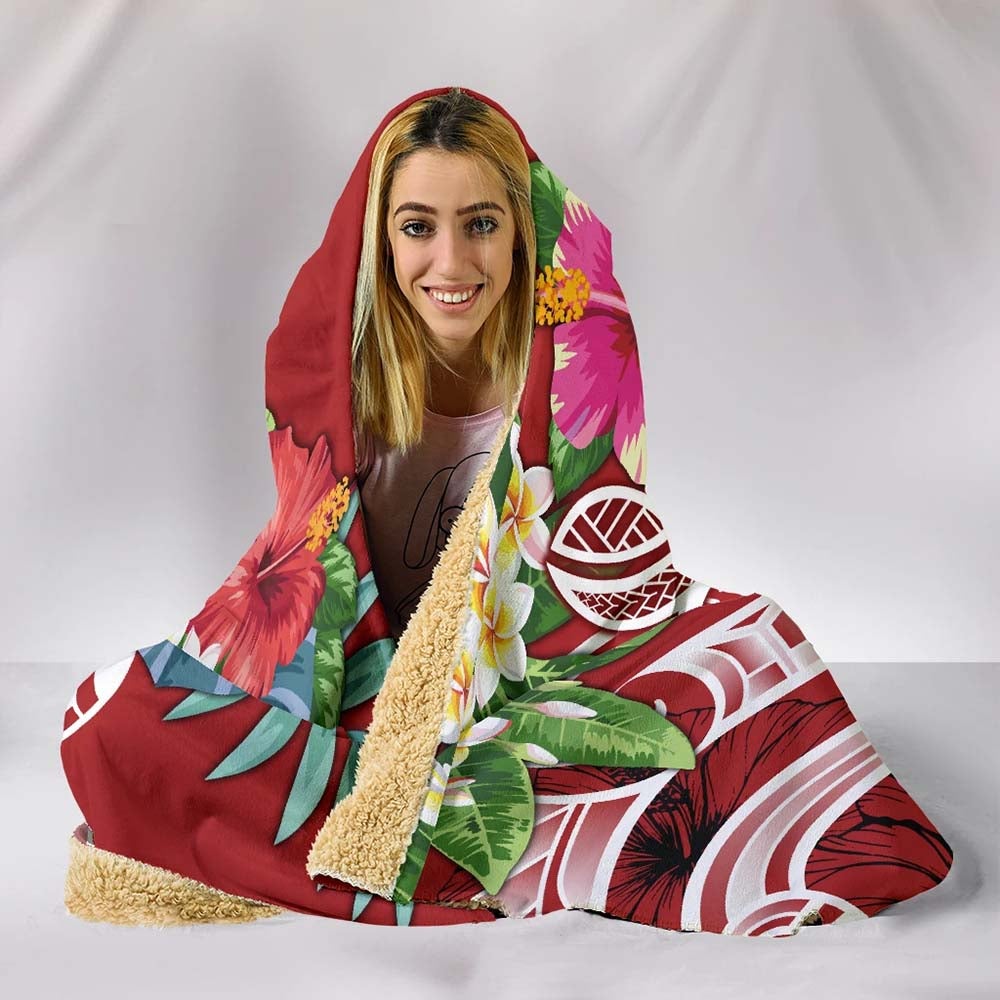 Polynesian Samoa Hooded Blanket - Summer Plumeria (Red)