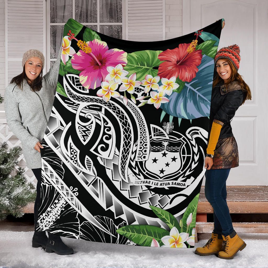 Polynesian Samoa Premium Blanket - Summer Plumeria (Black)