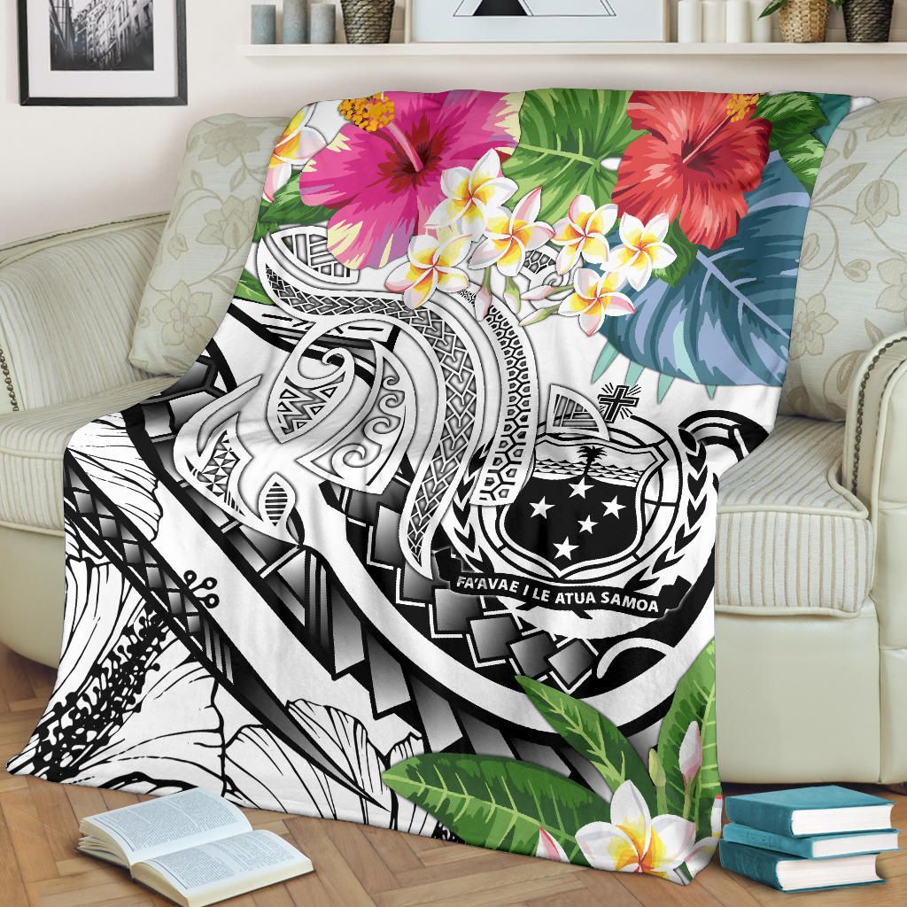Polynesian Samoa Premium Blanket - Summer Plumeria (White)